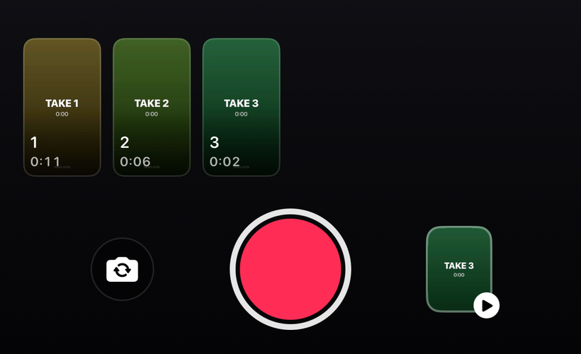 The bottom of the Slap Vlog camera: three takes numbered one to three with their lengths, the record button, a camera flip button, and a thumbnail of the last take.