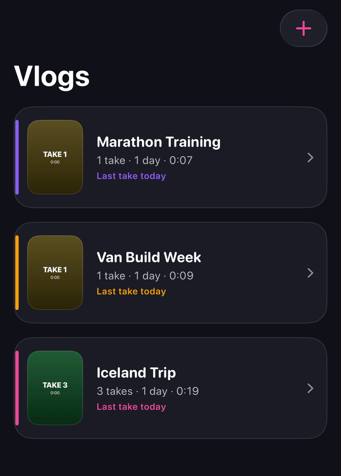 The Slap Vlog home screen listing three vlogs, Marathon Training, Van Build Week and Iceland Trip, each showing its take count, day count and total running time.